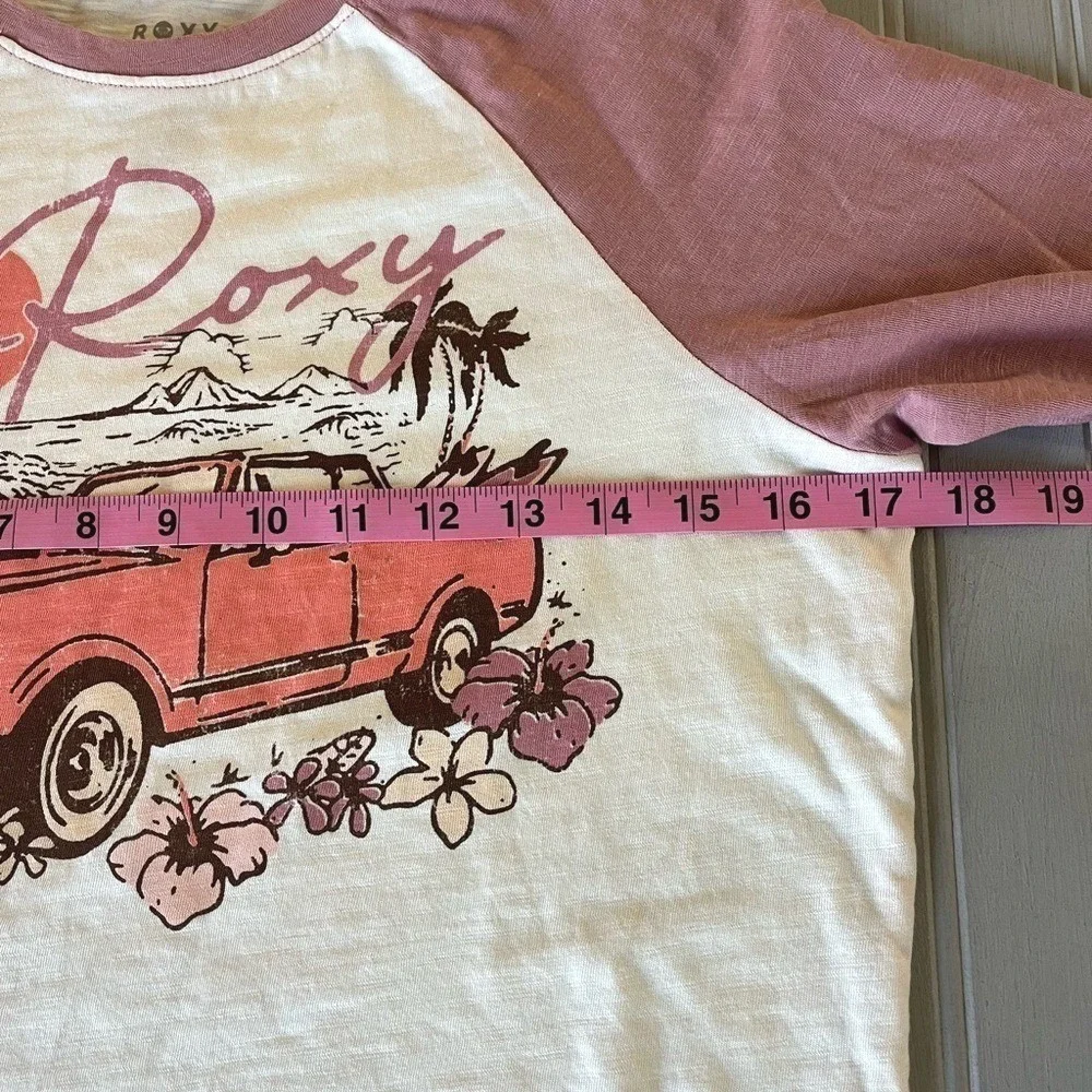 Roxy Long Sleeve Graphic T Shirt Girls Medium Pink White Tropical Retro NWOT
